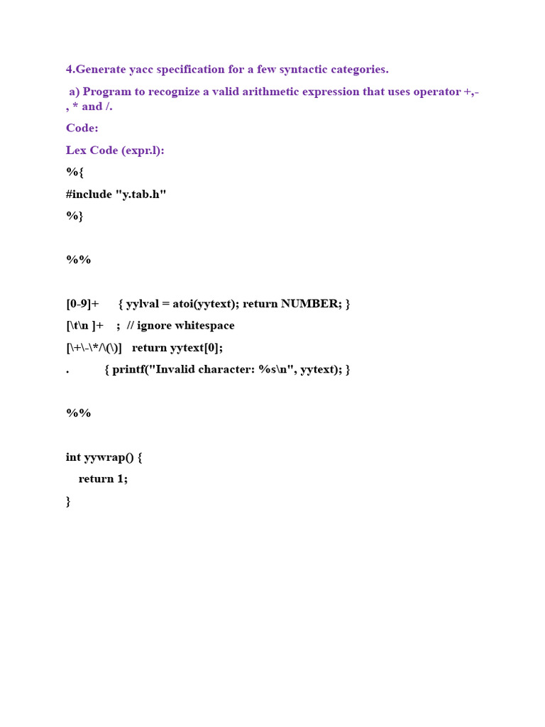 Yacc and Lex Programs for Arithmetic Parsing | PDF | Parsing ...