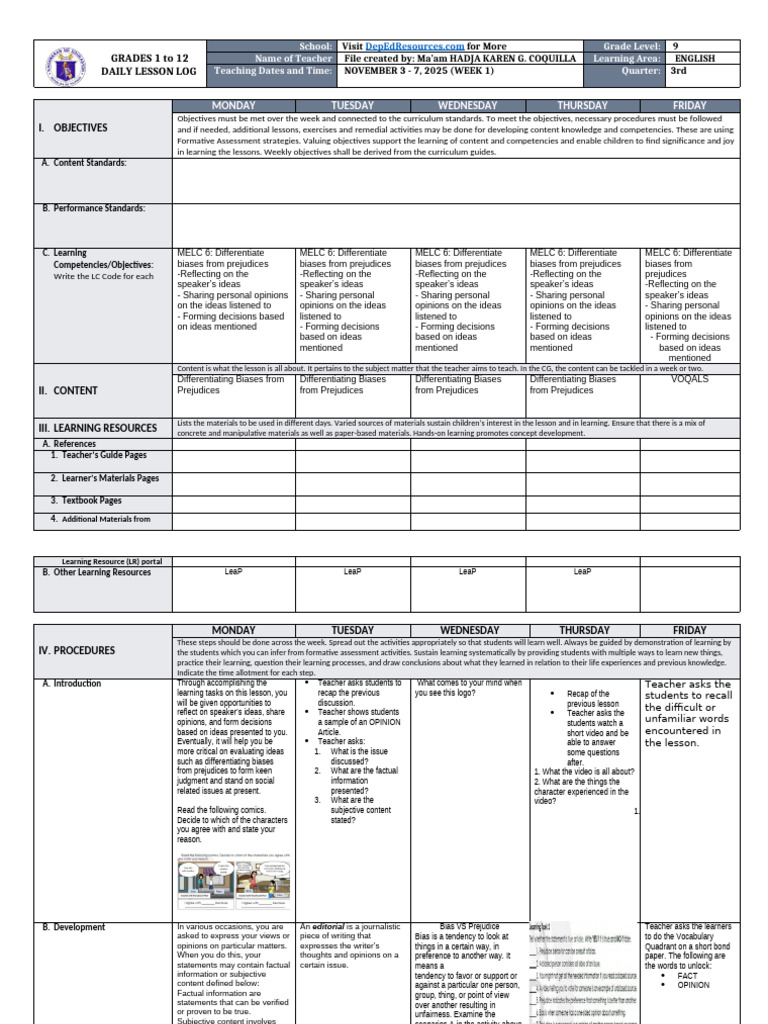 Daily Lesson Log: English Grade 9 | PDF | Bias | Learning