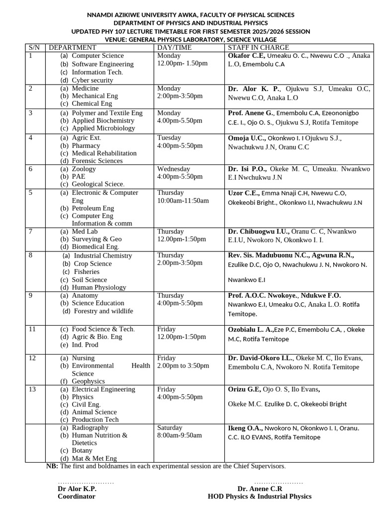 Updated Timetable PHY107 - 100340 - 035725 | PDF | Science | Physical ...