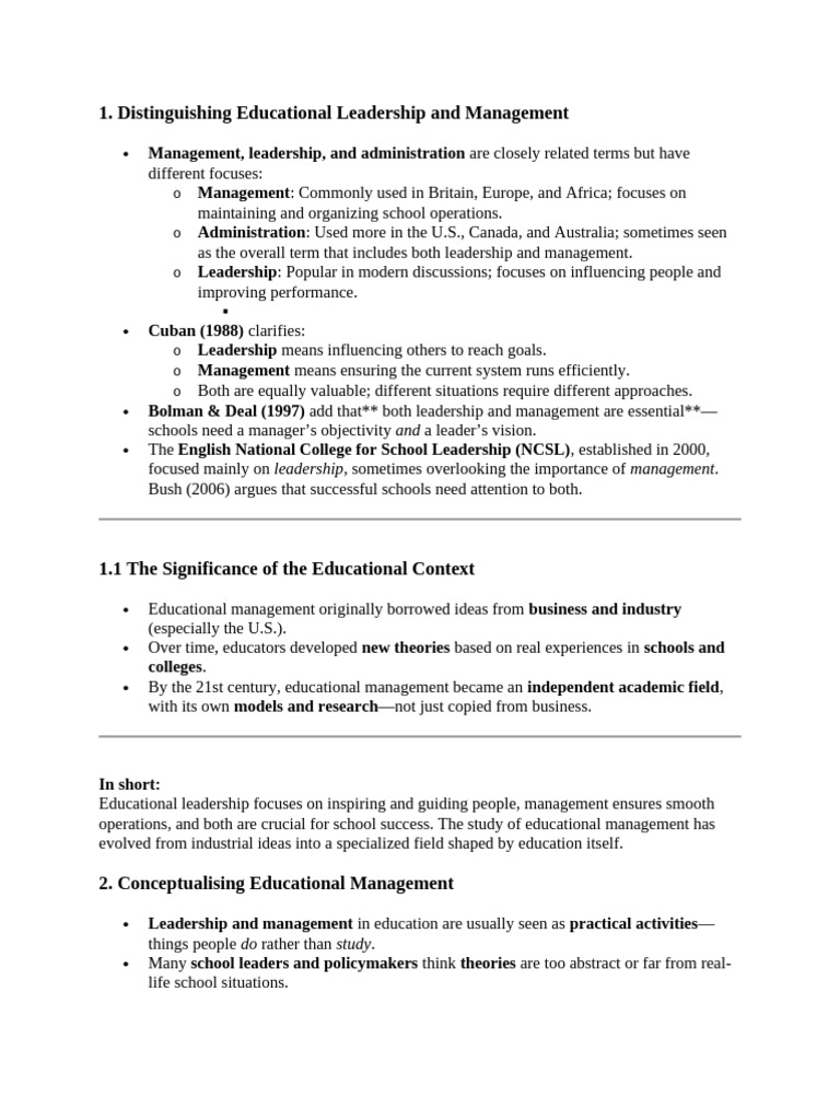 Educational Leadership vs. Management Explained | PDF | Leadership ...