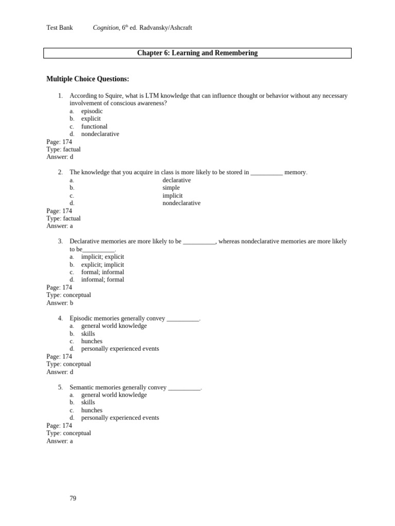 Learning and Memory Test Bank | PDF | Recall (Memory) | Memory