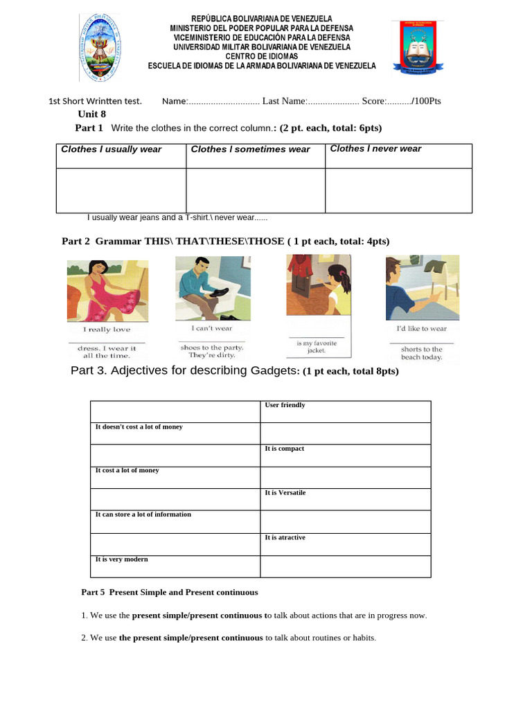 Parcial 1 Ingles 1 - 090304 | PDF | Adjective | Languages