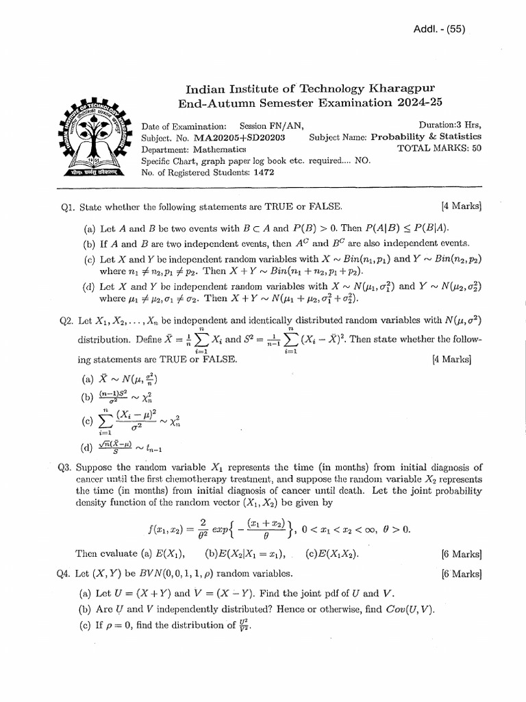 2024 End-Autumn Mathematics MA20205 SD20203 Probability & Statistics ...