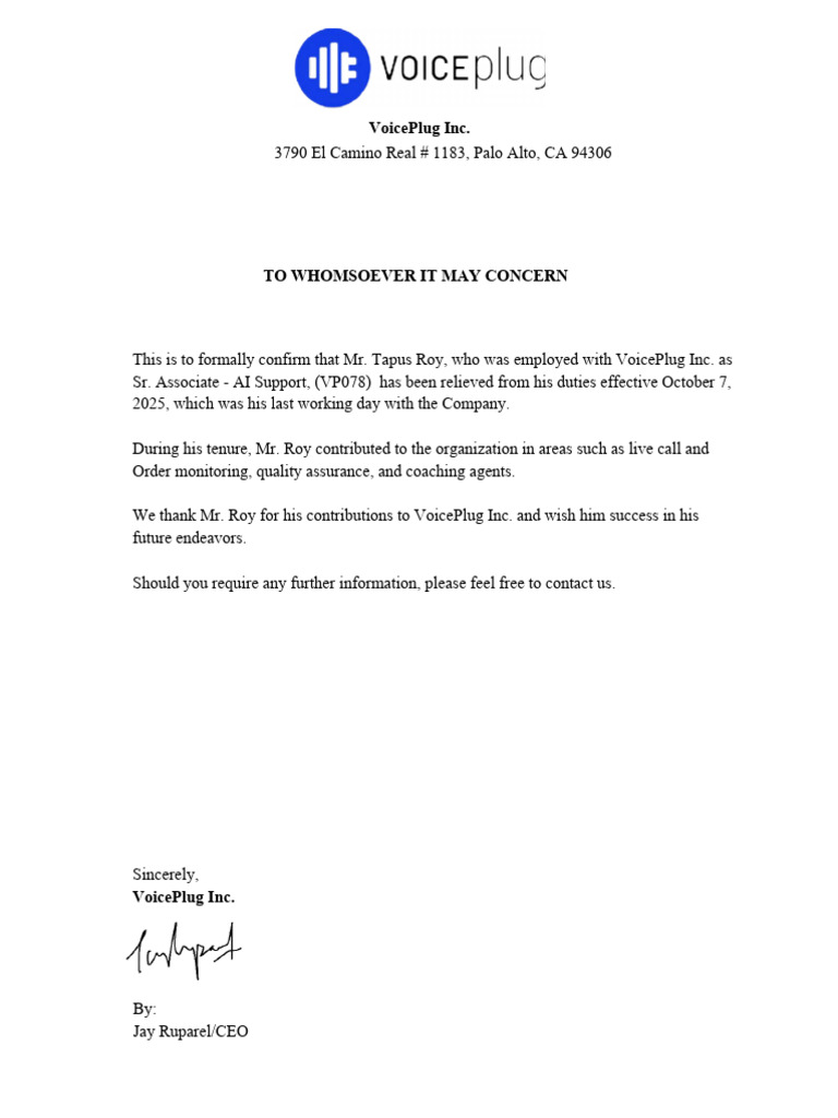 V078 Voiceplug Experience Letter | PDF