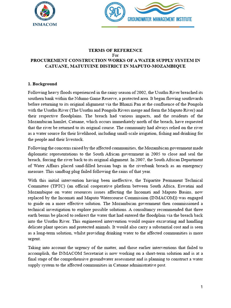 Terms of Reference - CATUANE PROJECT Phase2 | PDF | Hydrogeology ...