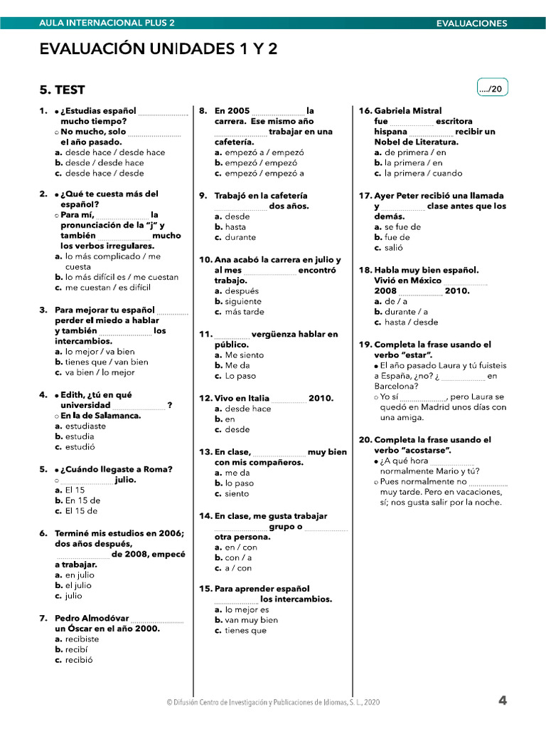 Test 1 (1y2) Aula Plus 2 | PDF