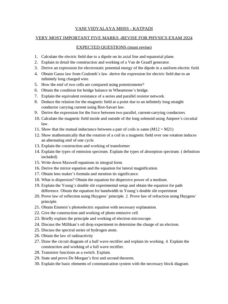 Very Most Important Five Marks Revise For Physics Exam 2024 | PDF ...