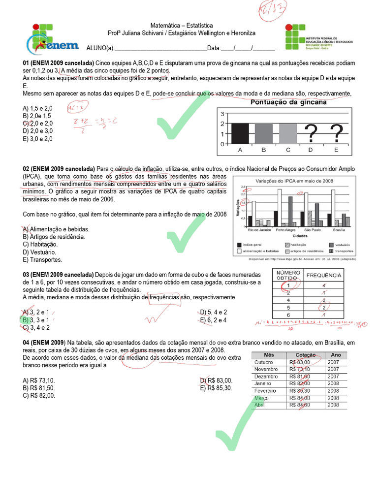 Questões de Estatística para ENEM | PDF | Média | Mediana (Estatística)