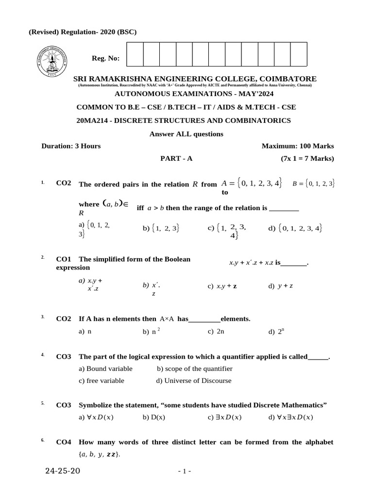 20ma214 - Discrete Structures and Combinatorics(3) | PDF | Function ...