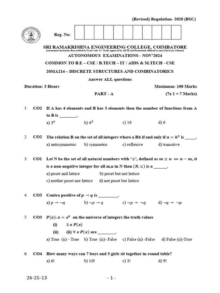 20ma214 - Discrete Structures and Combinatorics | PDF | Mathematics ...