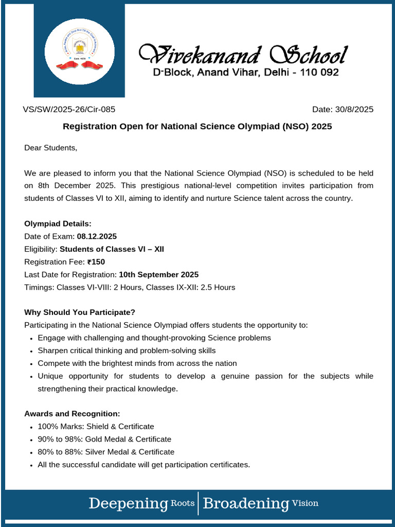 Registration Open For National Science Olympiad (NSO) 2025 | PDF