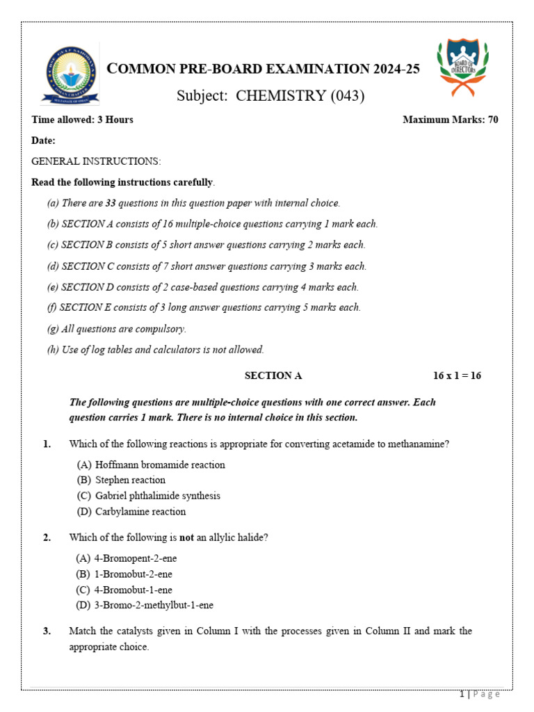 Chemistry Pre-Board Exam 2024-25 | PDF | Reaction Rate | Chemical Reactions
