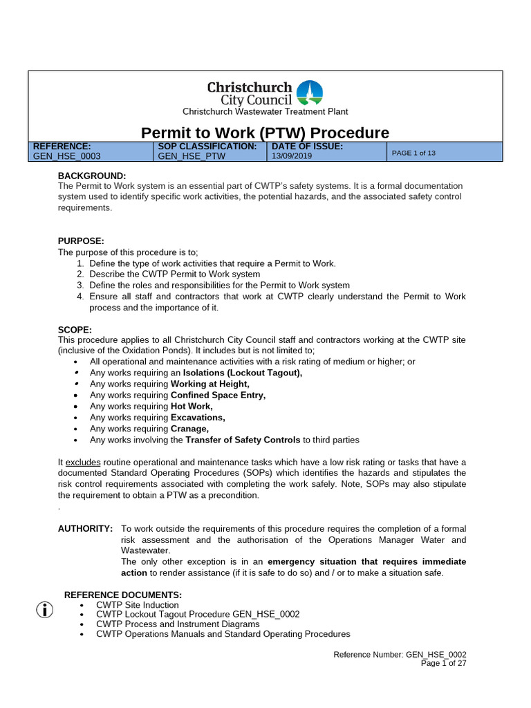 Christchurch Wastewater PTW Procedure | PDF | Forklift | Risk