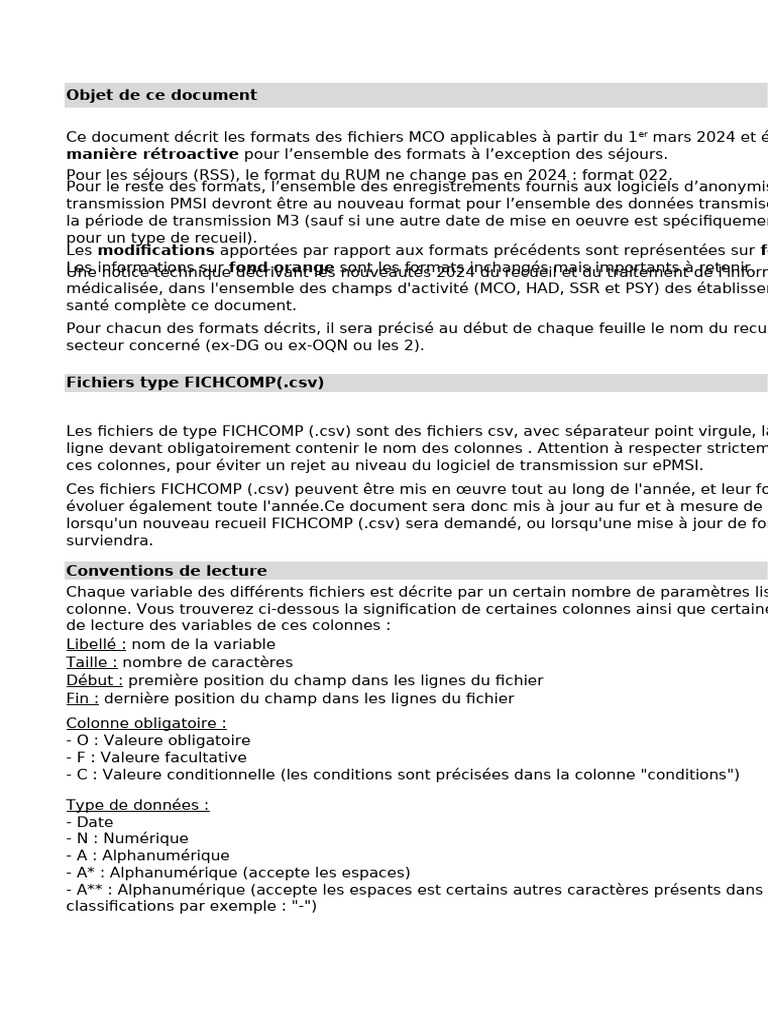 Formats FICHCOMP MCO 2024 et RUM 022 | PDF | Type de données