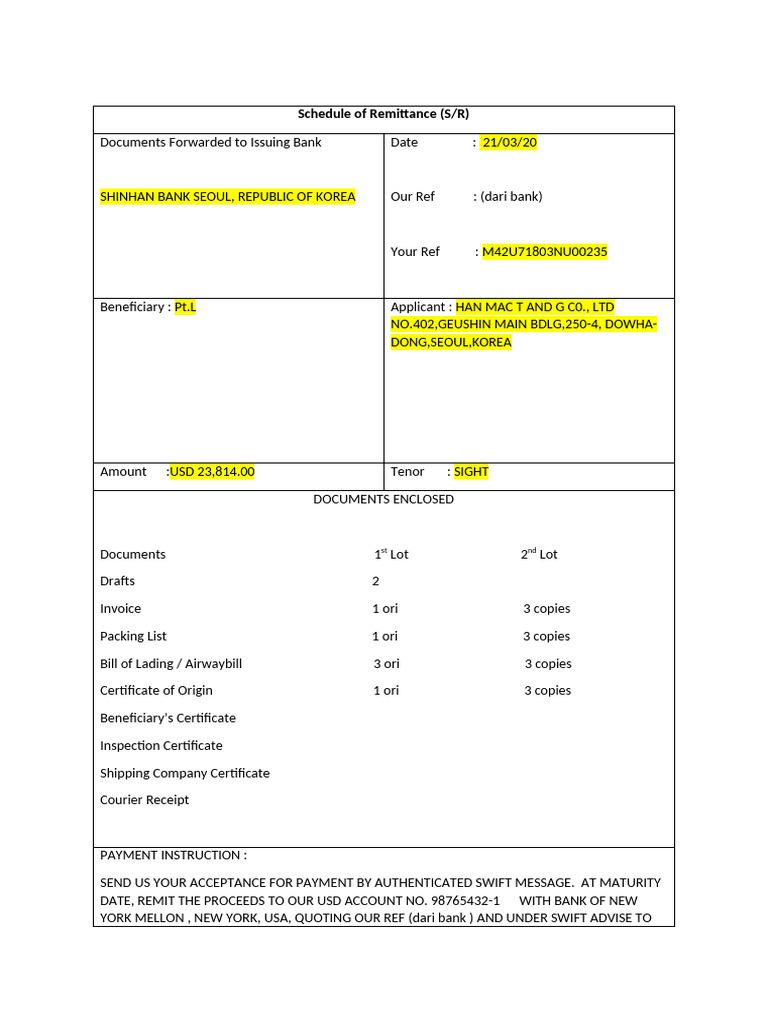 Remittance Schedule for Shinhan Bank | PDF