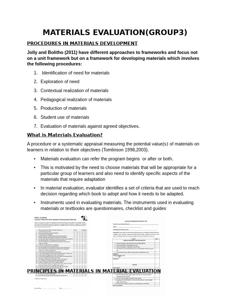 Materials Evaluation | PDF | Evaluation | Learning