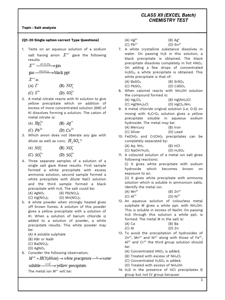 Salt Analysis: Chemistry Test Questions | PDF | Hydroxide | Salt ...