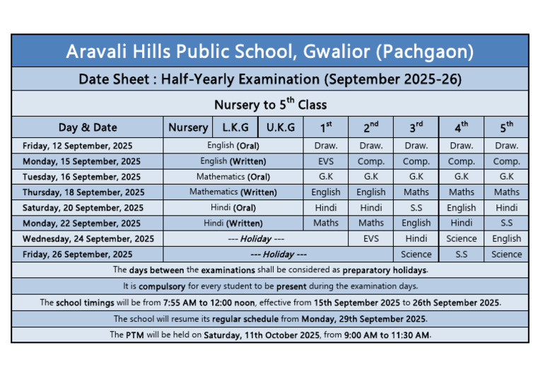 Class Nursery To 5th - Date Sheet Half-Yearly Examination 2025 | PDF