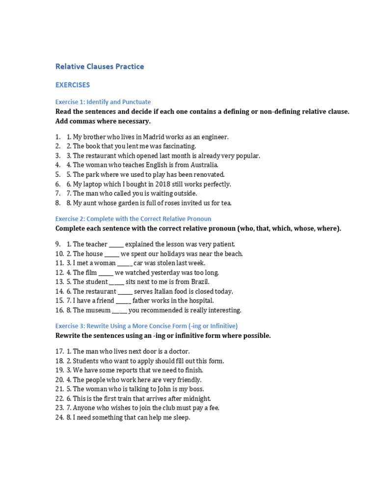 Relative Clauses Practice Exercises | PDF | Syntax | Grammar