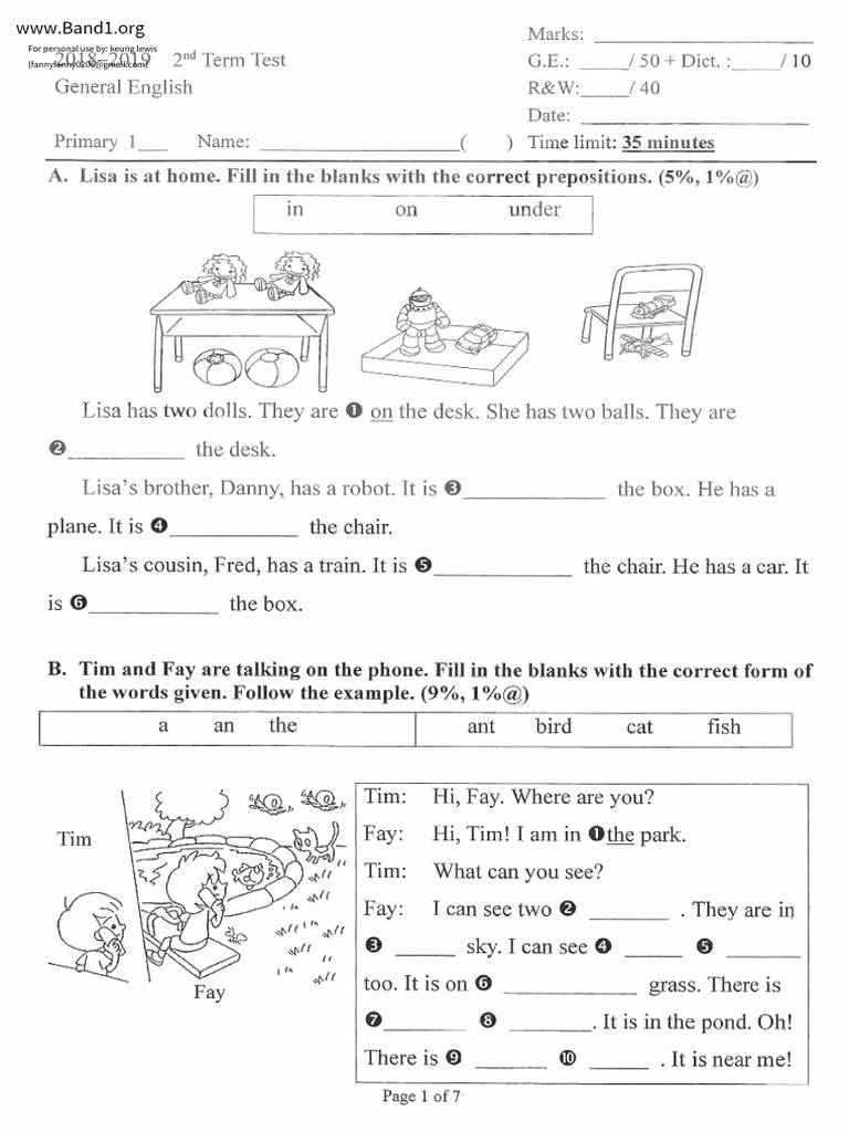 P1 English Test | PDF