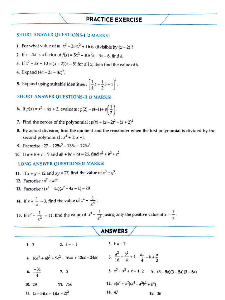 IX Polynomials Revision Assignment | PDF
