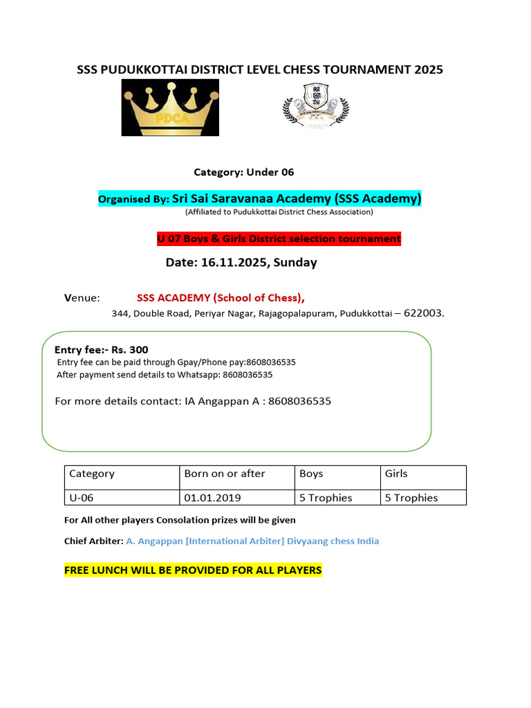 Pudukkottai U06 Chess Tournament 2025 | PDF | Chess Theory | Abstract ...