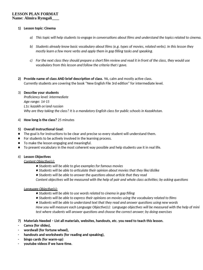 Cinema Lesson Plan for Intermediate Students | PDF | Lesson Plan ...
