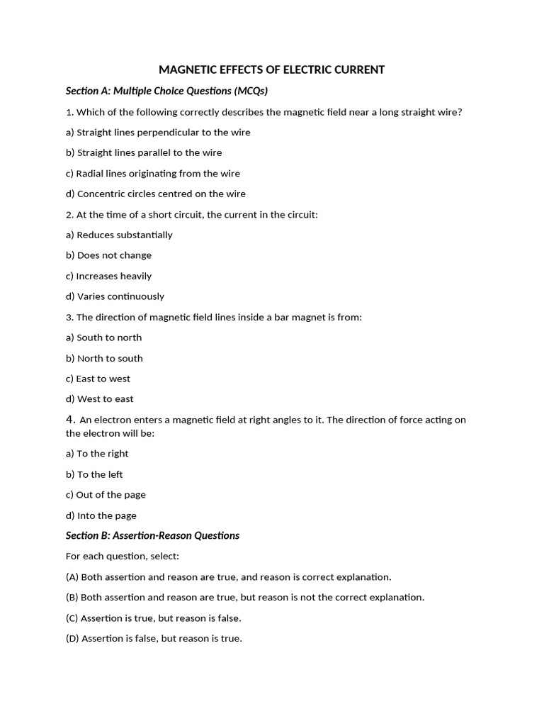 Magnetic Effects of Electric Current MCQs | PDF | Magnetic Field | Compass