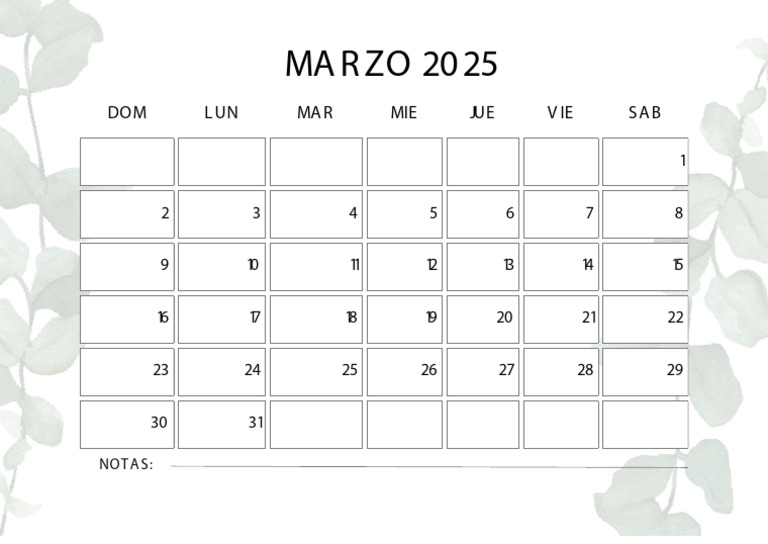 Documento A4 Hoja Calendario Mensual Marzo 2025 Almanaque Imprimible ...