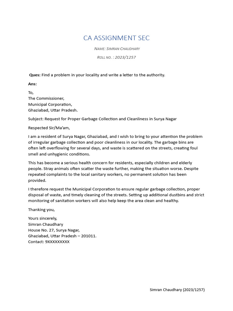 Letter for Garbage Collection Issue | PDF