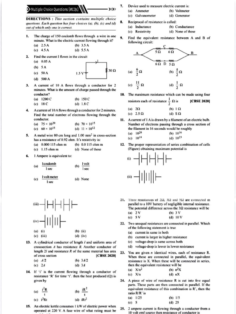 Electric Current MCQs for Students | PDF | Electric Current | Series ...