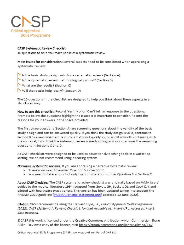 CASP Systematic Review Checklist Guide | PDF | Systematic Review | Meta ...