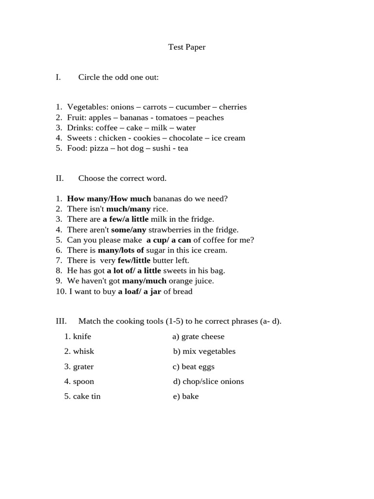 Food and Drink Vocabulary Test | PDF