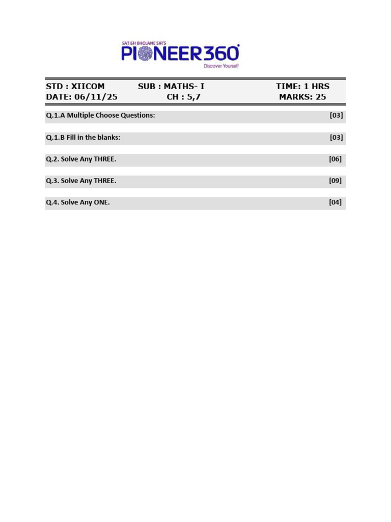 STD Xii Com Sub Maths I CH 5,7 Paper Formate 2025 | PDF