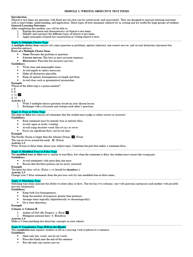 Writing Objective Test Items Guide | PDF | Multiple Choice | Learning