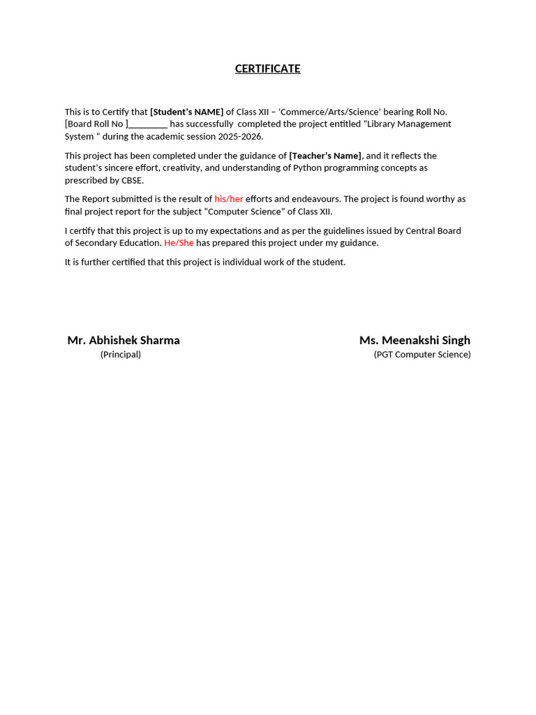 Class XII Library Management Project Certificate | PDF