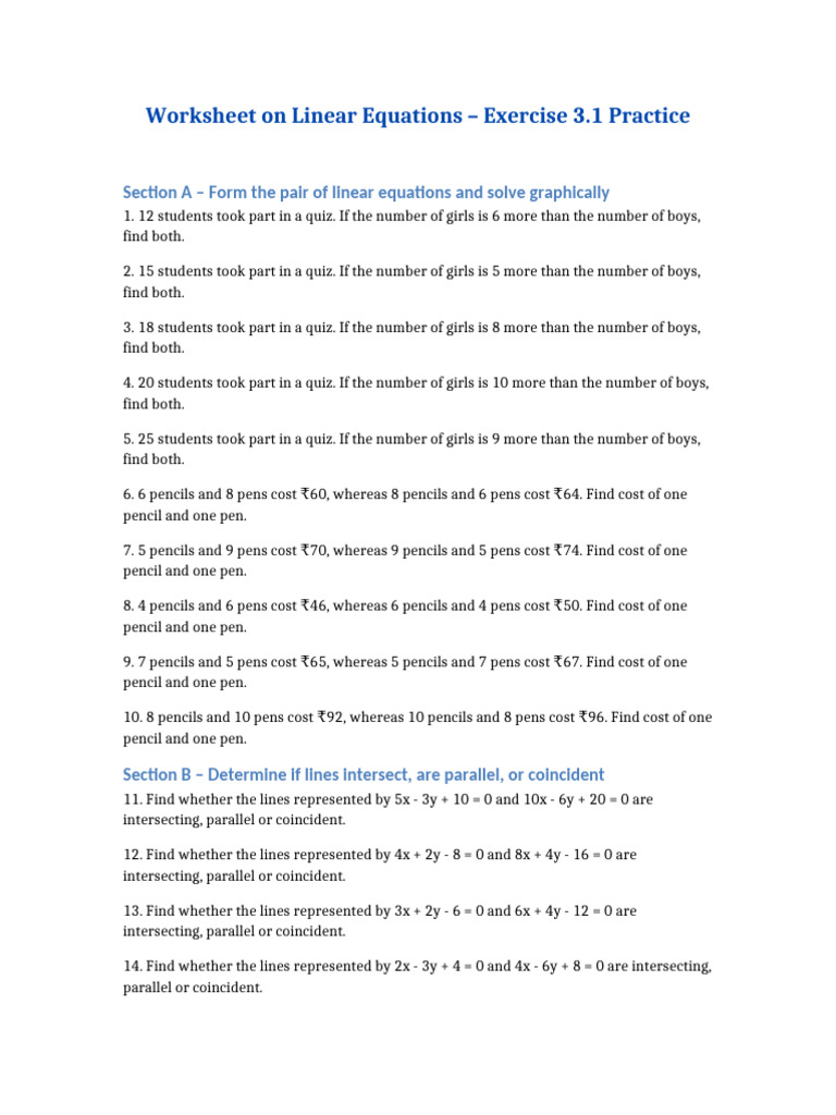 Linear Equations Practice Worksheet | PDF | Triangle | Cartesian ...