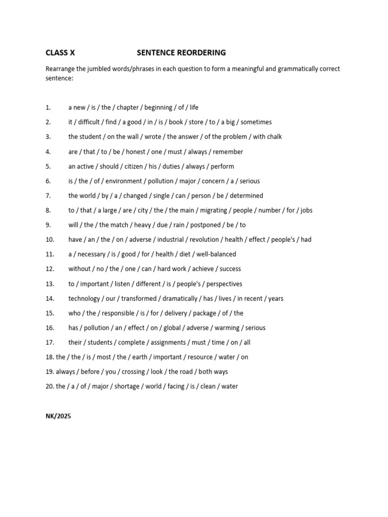 Sentence Reordering Exercises for Class X | PDF