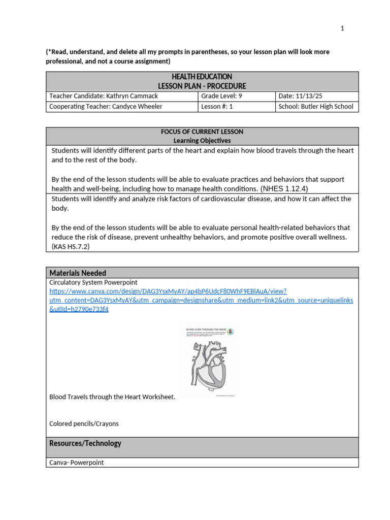 Health Ed Lesson Plan Circulatory System | PDF | Circulatory System | Heart