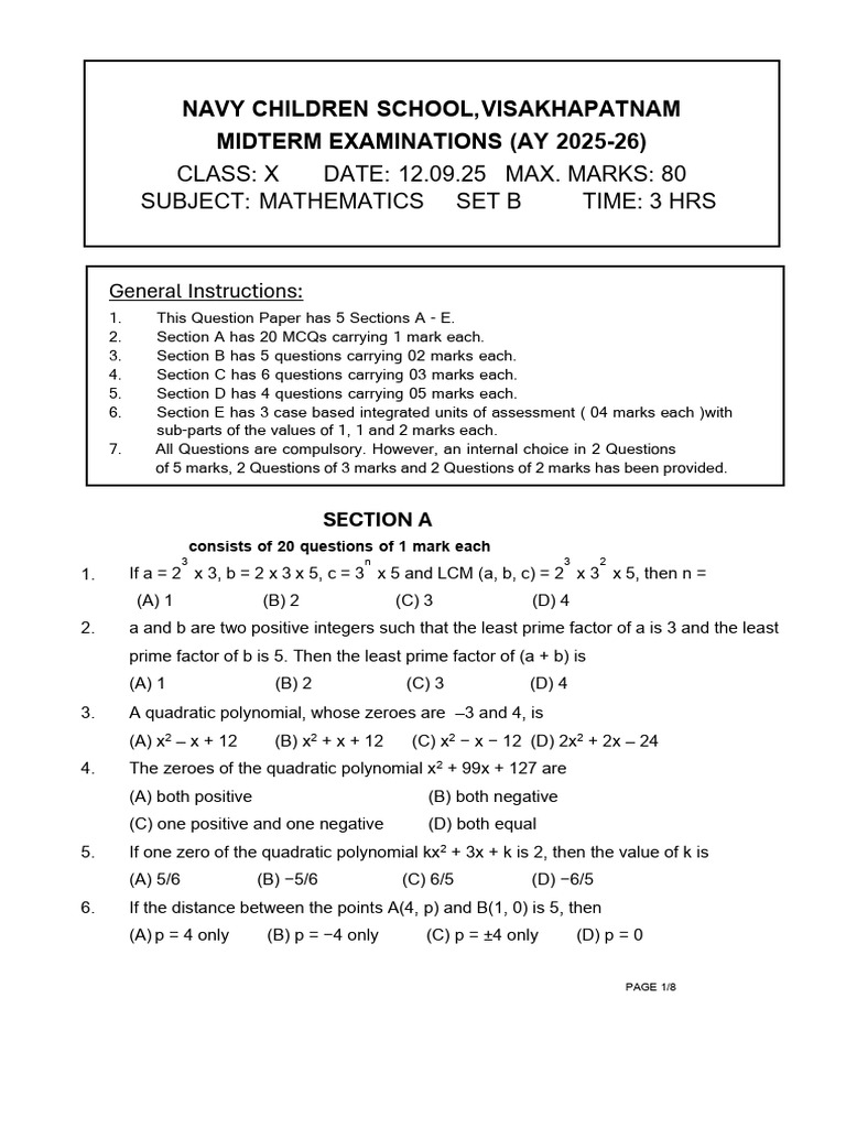 Class X Mathematics Half-Yearly Exam | PDF | Polynomial | Zero Of A ...
