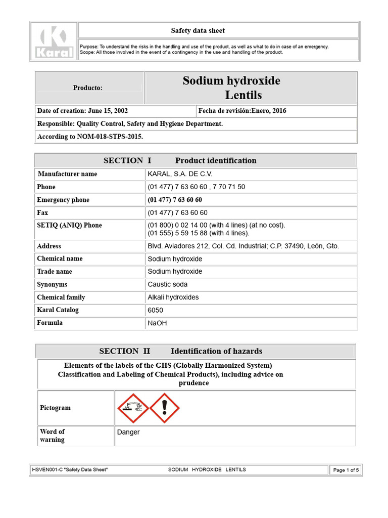 Sodium Hydroxide Safety Data Sheet | PDF | Dangerous Goods | Sodium ...