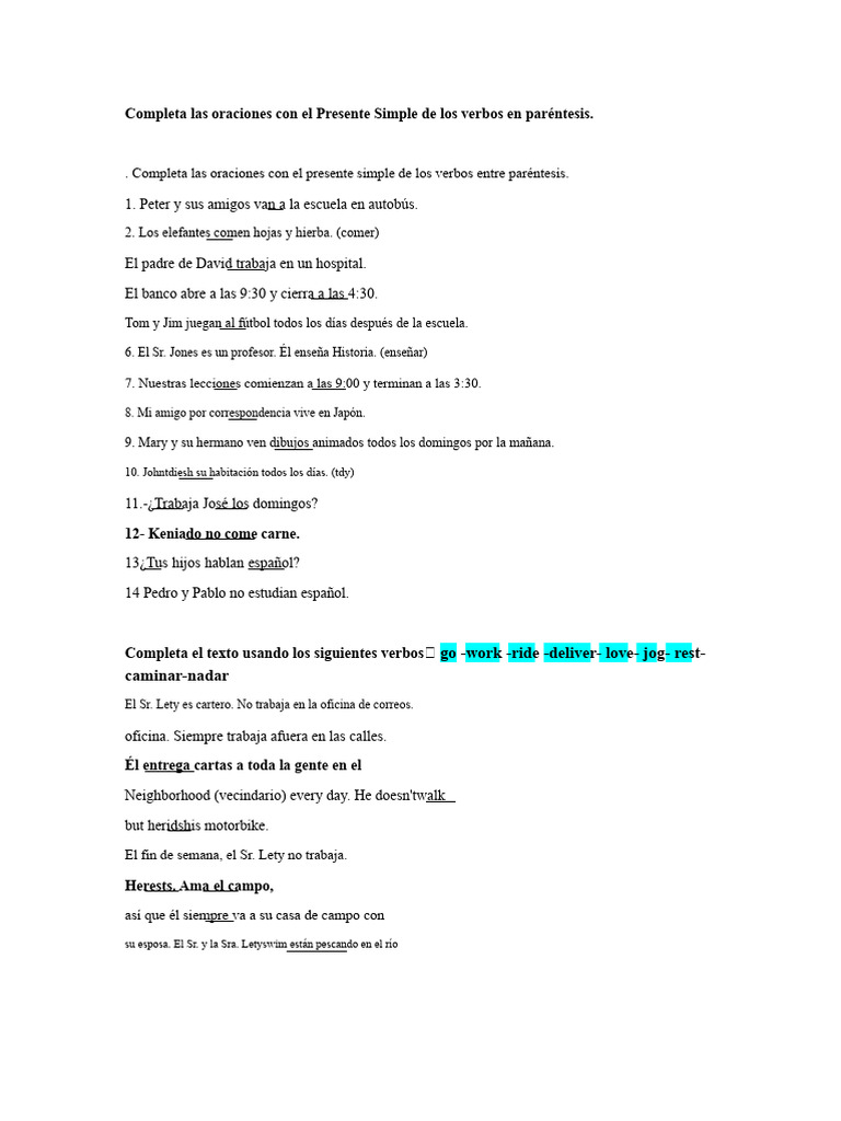 Completa Las Oraciones Con El Presente Simple de Los Verbos en ...