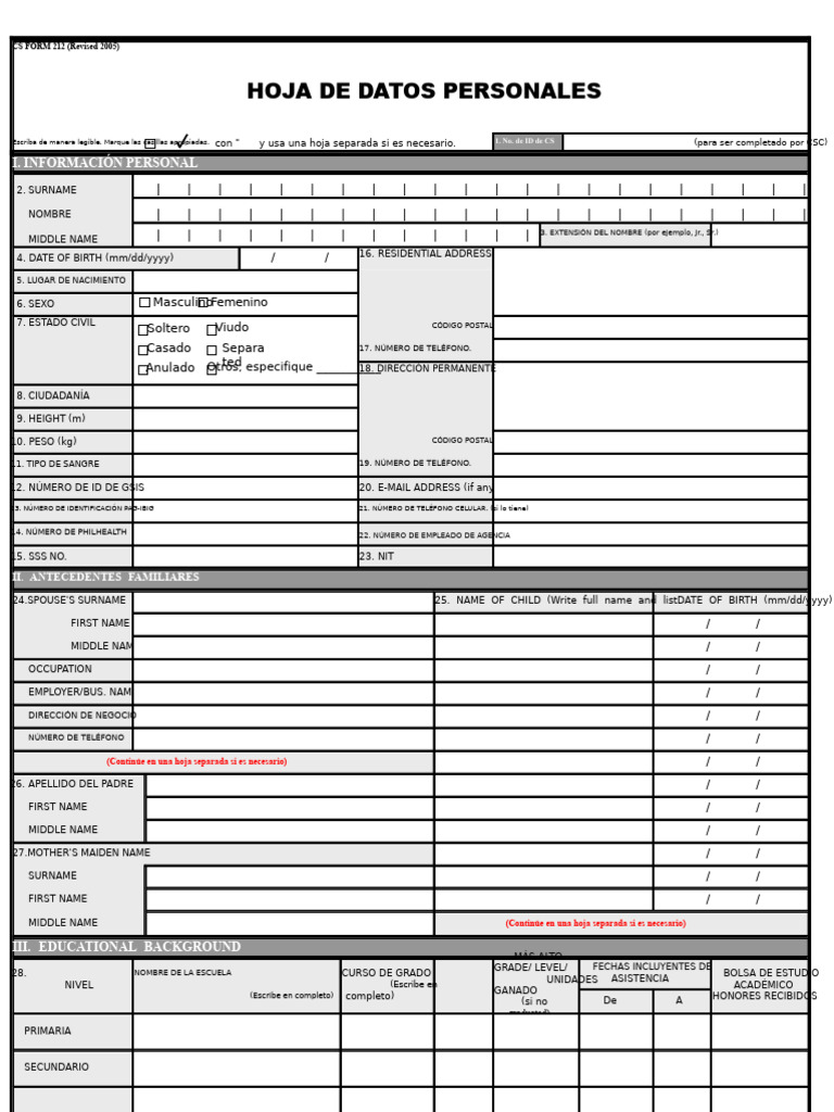 Hoja de Datos Personales CS Form 212 | PDF