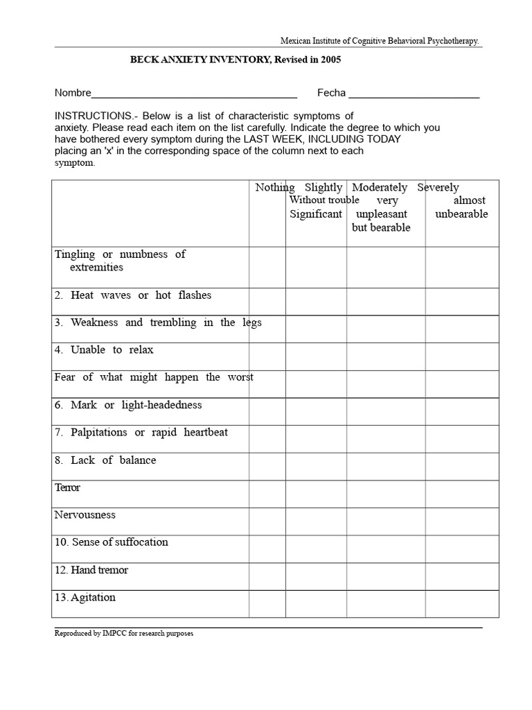 Beck Anxiety Inventory Assessment Guide | PDF