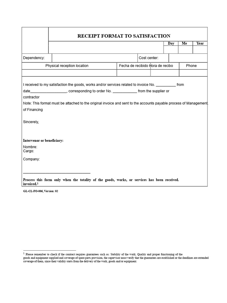 Receipt Format To Satisfaction | PDF