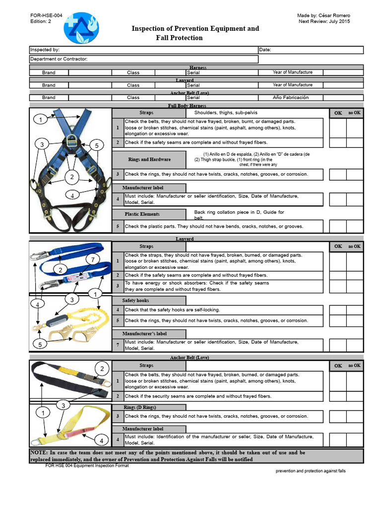 For HSE 004.02 Equipment Inspection Format For Fall Prevention and ...