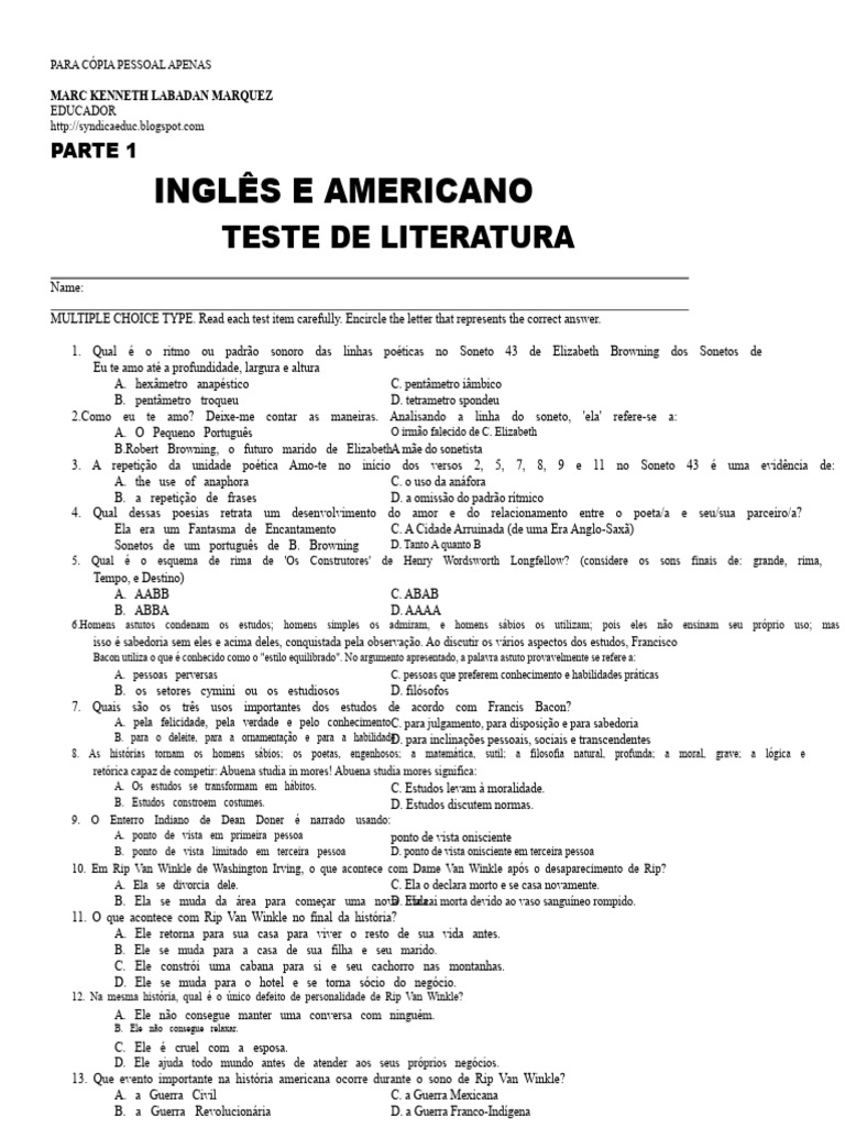 Teste de Literatura: Questões e Análises | PDF | Literatura Inglesa ...