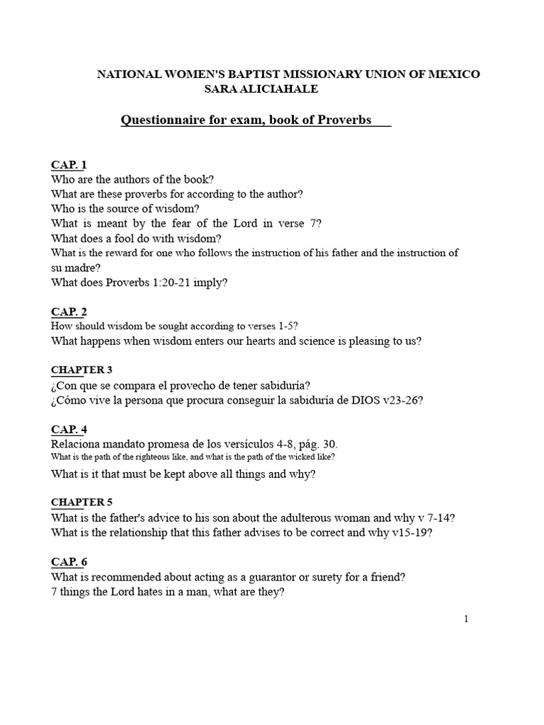 Proverbs Study Guide Questionnaire | PDF | Book Of Proverbs