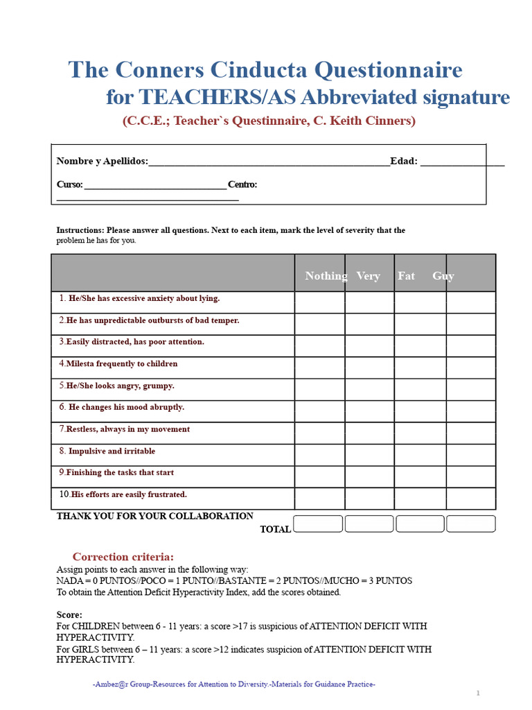 Conners Cinducta ADHD Questionnaire | PDF | Attention Deficit ...