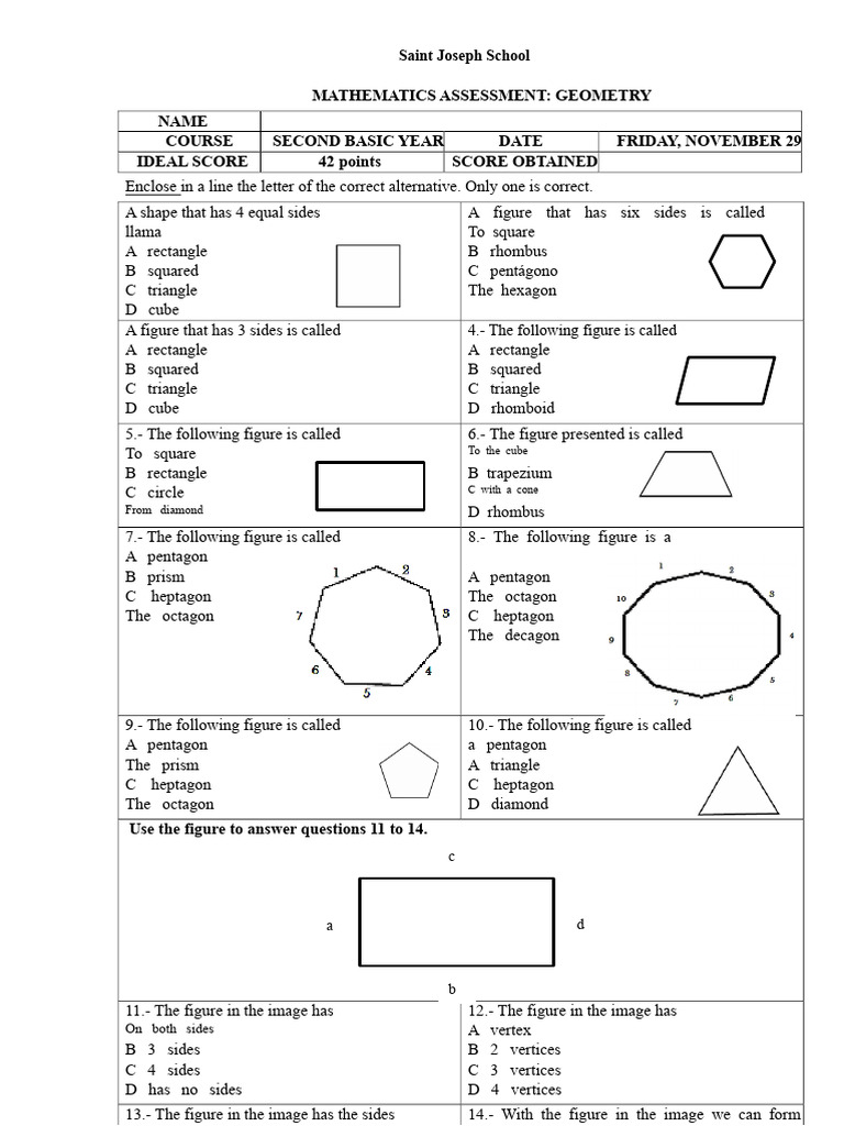 Geometry Assessment Second Friday, November 29 | PDF | Shape | Rectangle